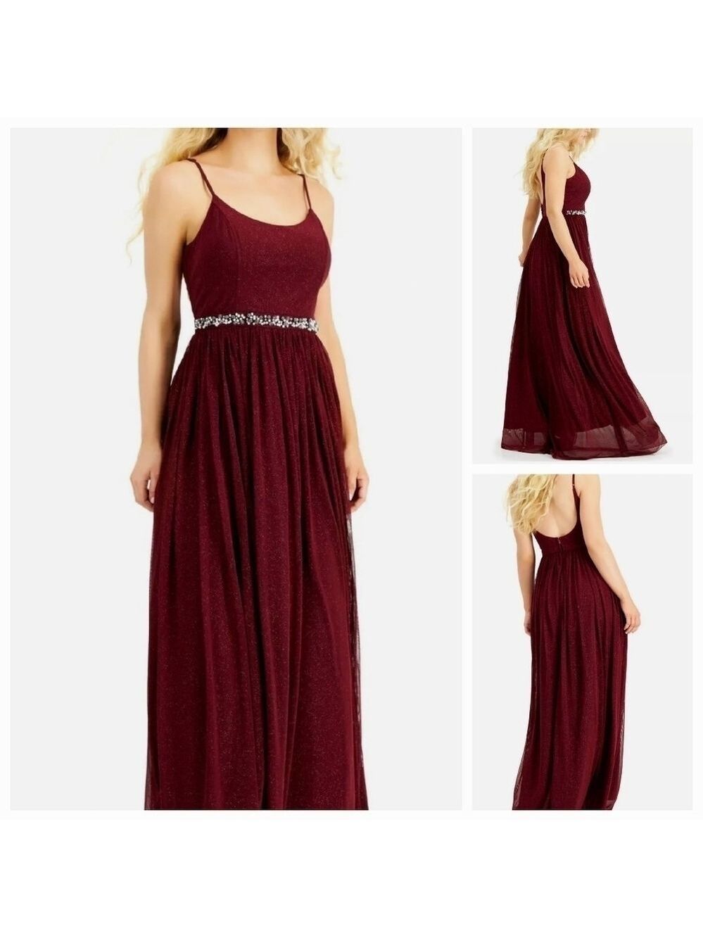 SPEECHLESS Burgundy Glitter Sheer Evening Gown Size 9 Beaded Flowing  Faux pearl - Picture 6 of 17